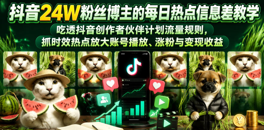 抖音24W粉丝博主的每日热点信息差教学，吃透创作者伙伴计划流量规则，抓时效热点放大账号播放、涨粉与变现收益-多课资源站