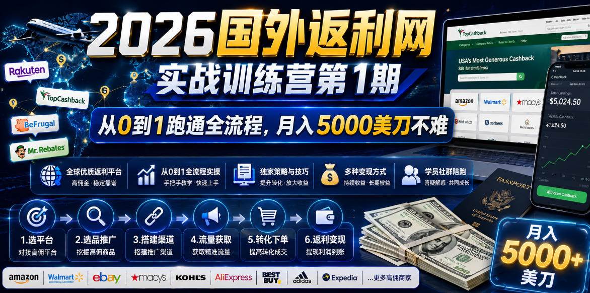 (18807期)2026国外返利网实战变现营-第一期,从零拆解项目逻辑与流程,跑通完整变现链路,月入5000美金-小白项目网