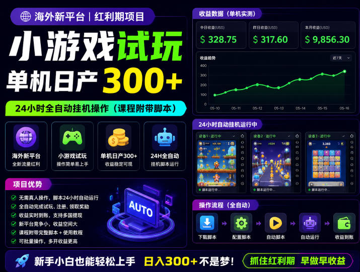 海外新平台，小游戏试玩，单机日产300+，24小时全自动挂G操作（课程附带脚本）【揭秘】-小白项目网