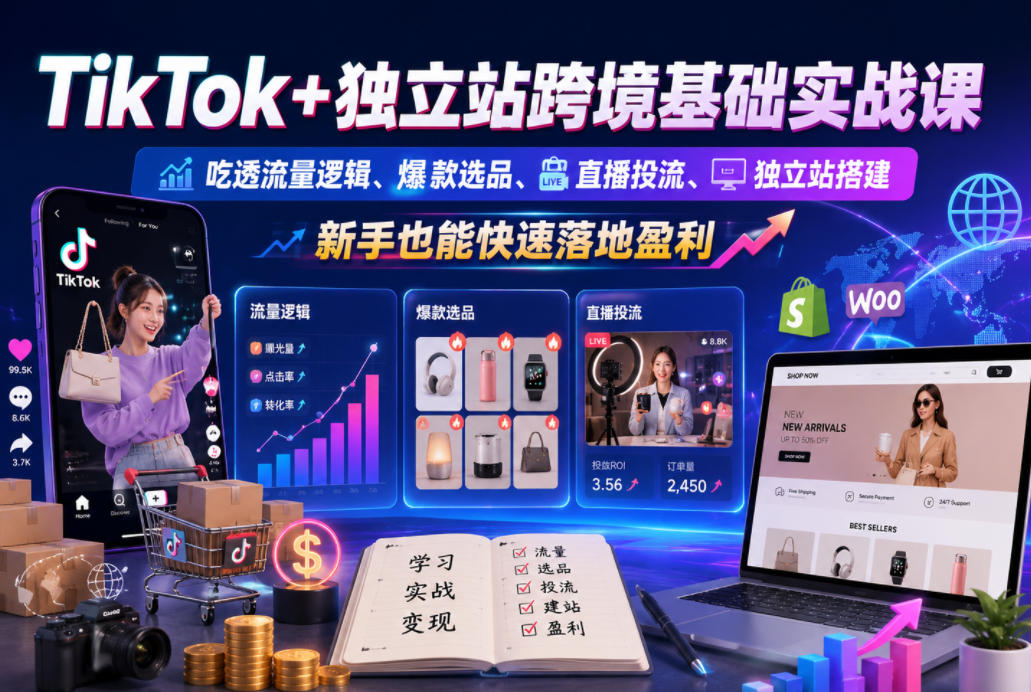 TikTok+独立站跨境基础实战课，吃透流量逻辑、爆款选品、直播投流与独立站搭建，新手也能快速落地盈利-小栈博客