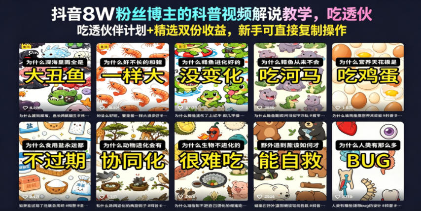 抖音8W粉丝博主的科普视频解说教学,吃透伙伴计划+精选双份收益,新手可直接复制操作-多课资源站