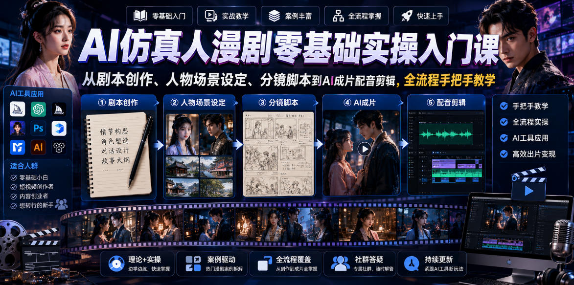 AI仿真人漫剧零基础实操入门课，从剧本创作、人物场景设定、分镜脚本到AI成片配音剪辑，全流程手把手教学-多课资源站