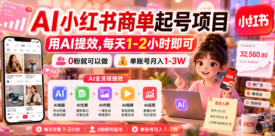 AI小红书商单起号项目,用AI提效,每天1-2小时即可,0粉就可以做,单账号月入1-3W-多课资源站