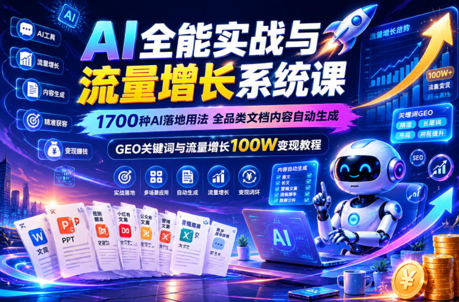 AI全能实战与流量增长系统课，1700种AI落地用法，全品类文档内容自动生成，GEO关键词与流量增长100W变现教程-怪兽网创俱乐部