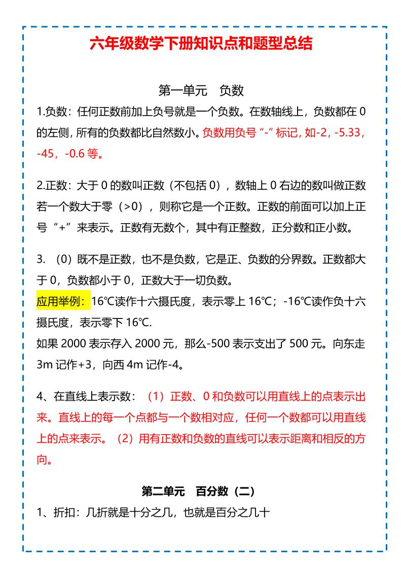 六年级下数学下册知识点题型总结-学霸数字文库