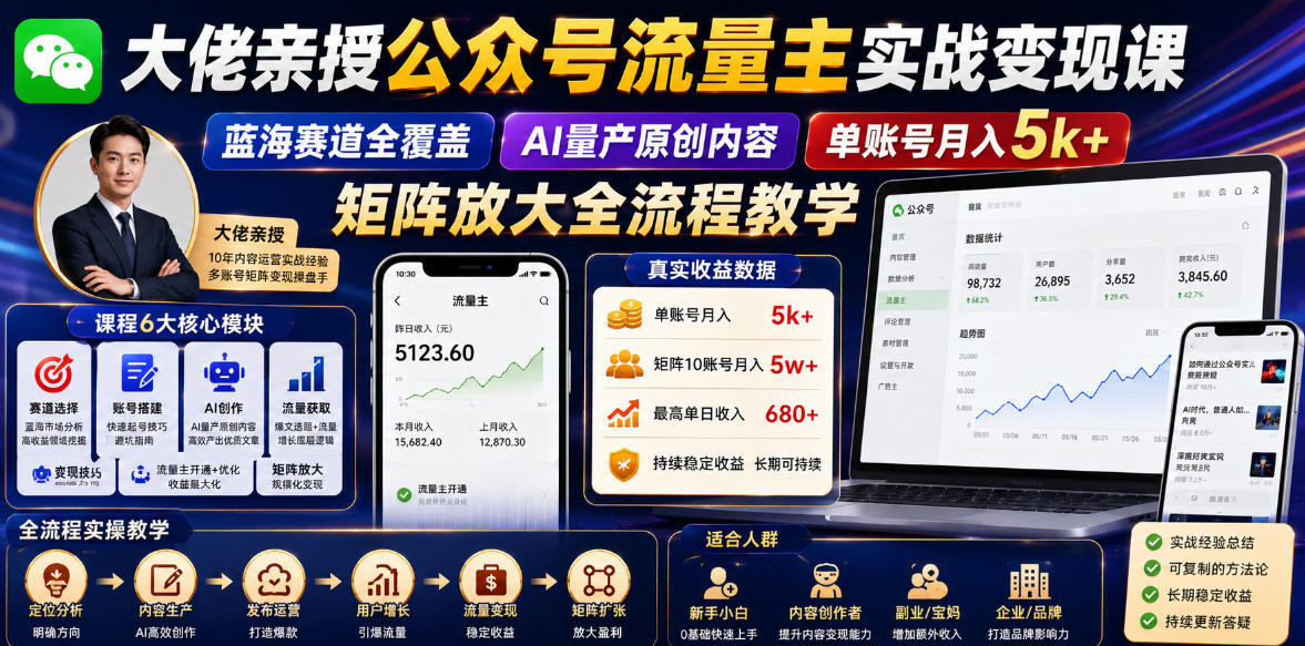 大佬亲授公众号流量主实战变现课，蓝海赛道全覆盖，AI量产原创内容，单账号月入5k+矩阵放大全流程教学-邪修侠 - 演示