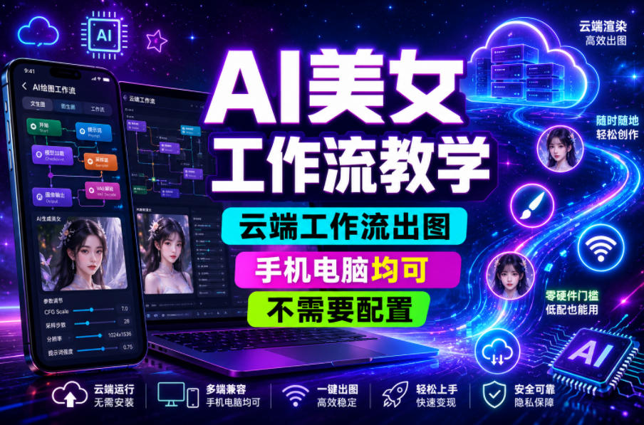 AI美女工作流教学,云端工作流出图,手机电脑均可,不需要配置,快速起号涨粉-邪修侠 - 演示