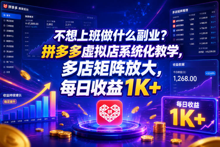 不想上班做什么副业?拼多多虚拟店系统化教学,多店矩阵放大,每日收益1K+【揭秘】-邪修侠 - 演示