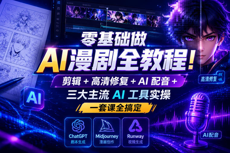 零基础做AI漫剧全教程!剪辑+高清修复+AI配音+三大主流AI工具实操,一套课全搞定-邪修侠 - 演示