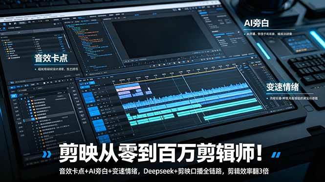 (18867期)剪映从零到百万剪辑师!音效卡点+AI旁白+变速情绪,Deepseek+剪映口播全链路,剪辑效率翻3倍-优优云网创