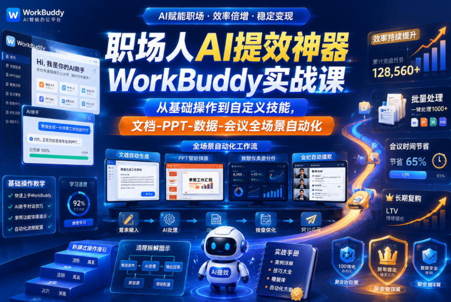 职场人AI提效神器WorkBuddy实战课,从基础操作到自定义技能,文档-PPT-数据-会议全场景自动化-邪修侠 - 演示
