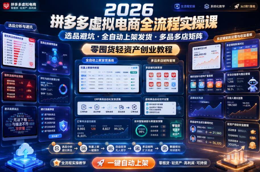 2026拼多多虚拟电商全流程实操课，选品避坑・全自动上架发货・多品多店矩阵，零囤货轻资产创业教程-小栈博客