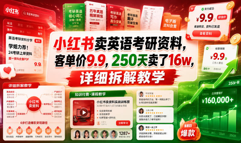 小红书卖英语考研资料9.9元客单价，250天卖16万详细拆解教学
