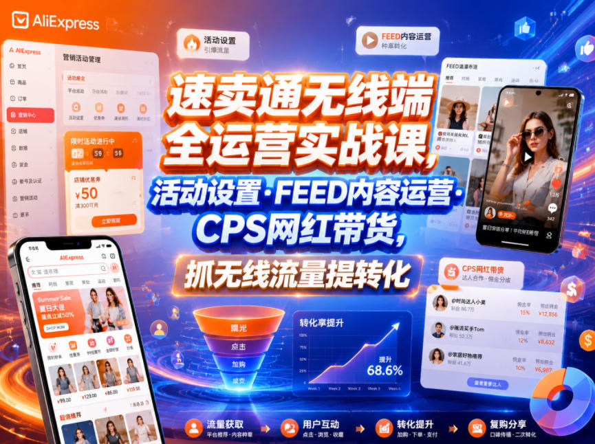 速卖通无线端全运营实战课，活动设置・FEED内容运营・CPS网红带货，抓无线流量提转化-多课资源站