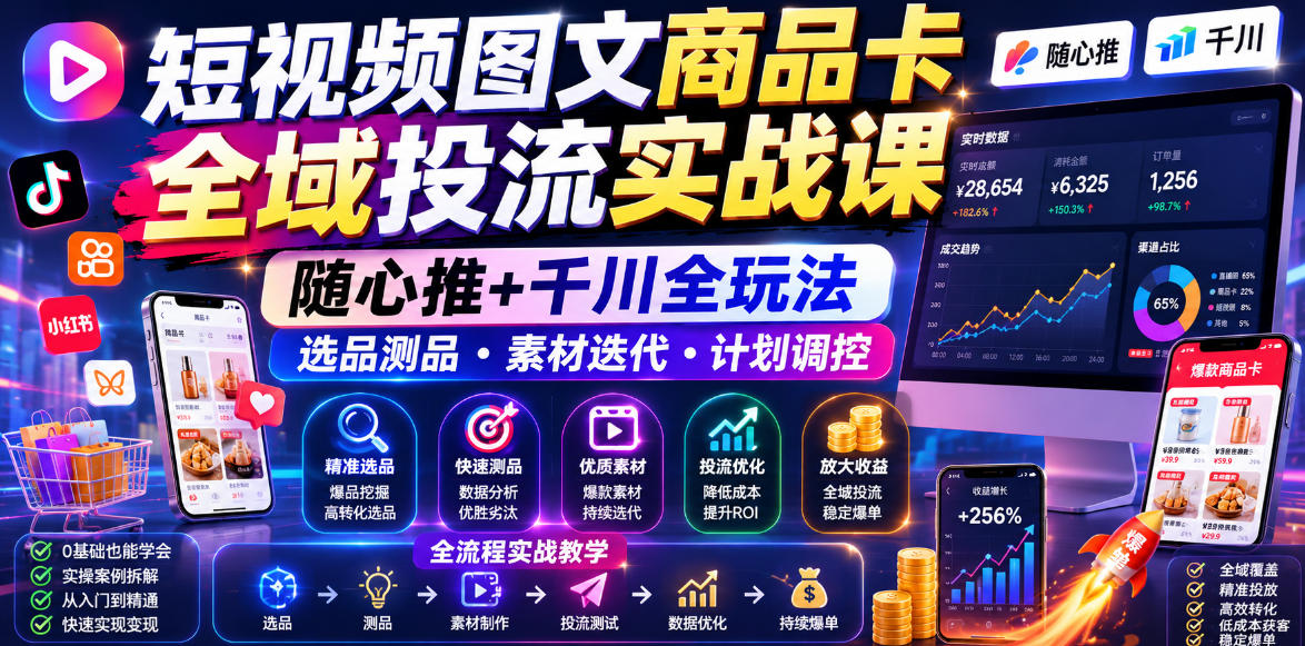 短视频图文商品卡全域投流实战课，随心推+千川全玩法，选品测品・素材迭代・计划调控，提升ROI爆单增收教程-小栈博客