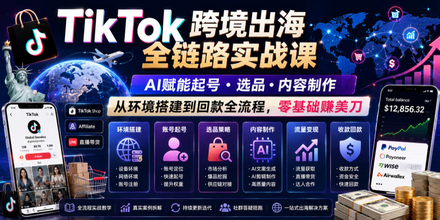 TikTok跨境出海全链路实战课，AI赋能起号・选品・内容制作，从环境搭建到回款全流程，零基础賺美刀-小栈博客