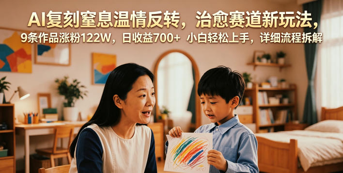 AI复刻窒息温情反转,治愈赛道新玩法,9条作品涨粉122W,日收益700+ 小白轻松上手,详细流程拆解-多课资源站