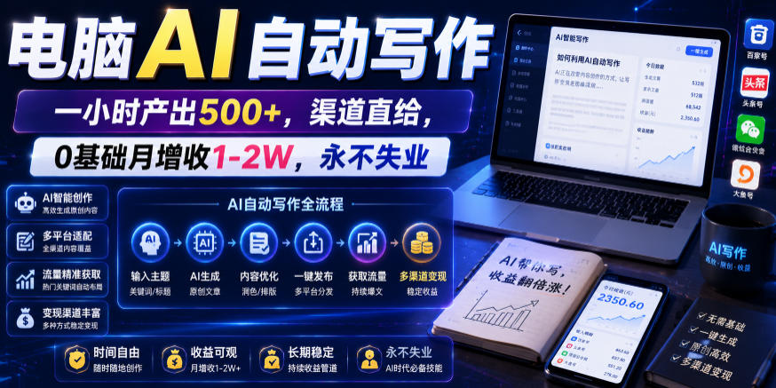 电脑AI自动写作，一小时产出500+，渠道直给，0基础月增收1-2W，永不失业【揭秘】-小栈博客