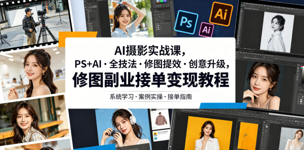 AI摄影实战课，PS+AI・全技法・修图提效・创意升级，修图副业接单变现教程-多课资源站