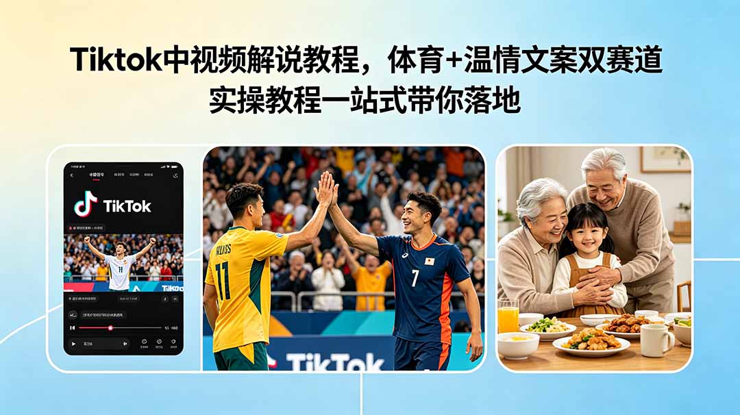 Tiktok中视频解说教程，体育+温情文案双赛道实操教程一站式带你落地-多课资源站