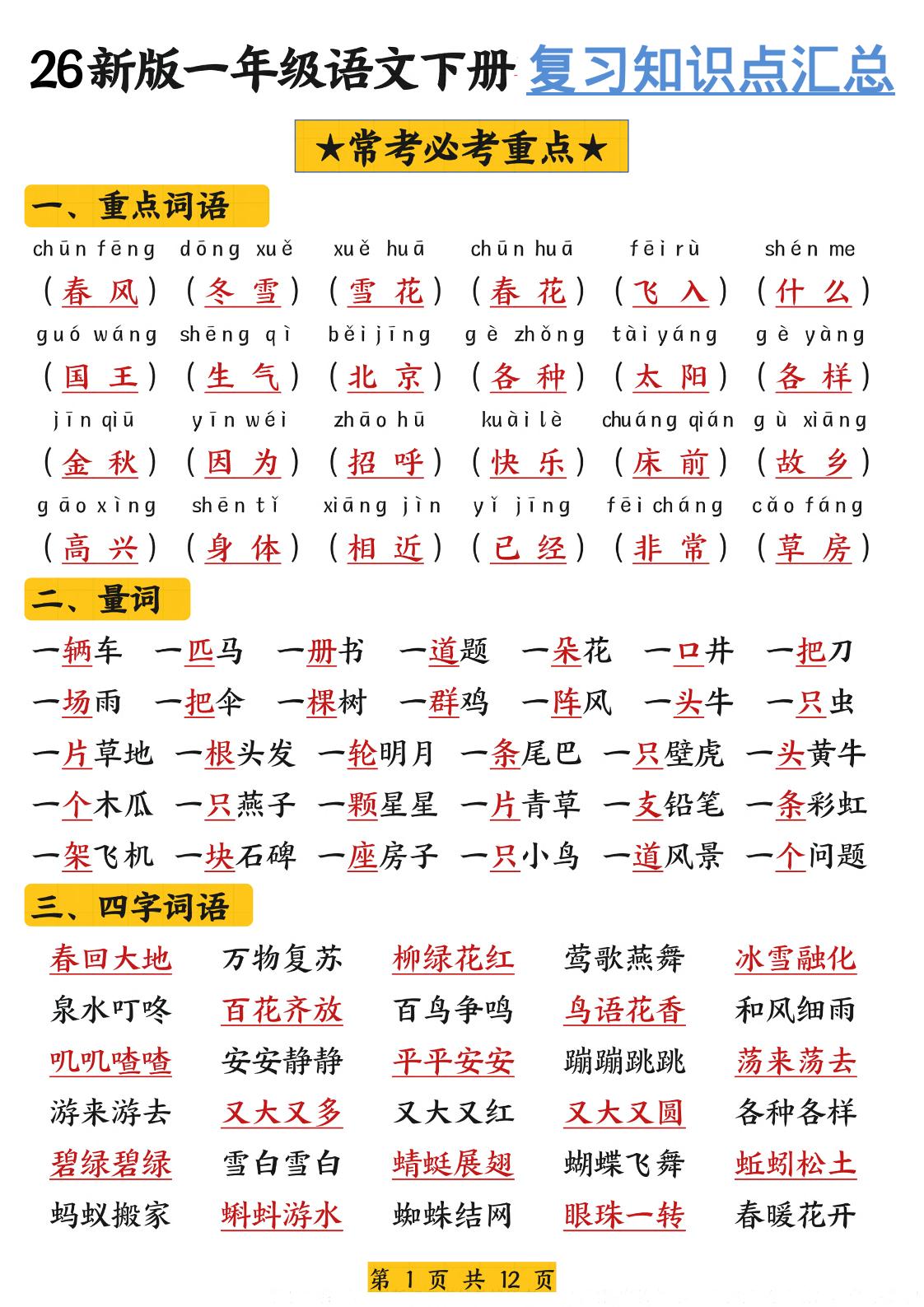 26春一年级下语文期末复习高频考点知识汇总-学霸数字文库