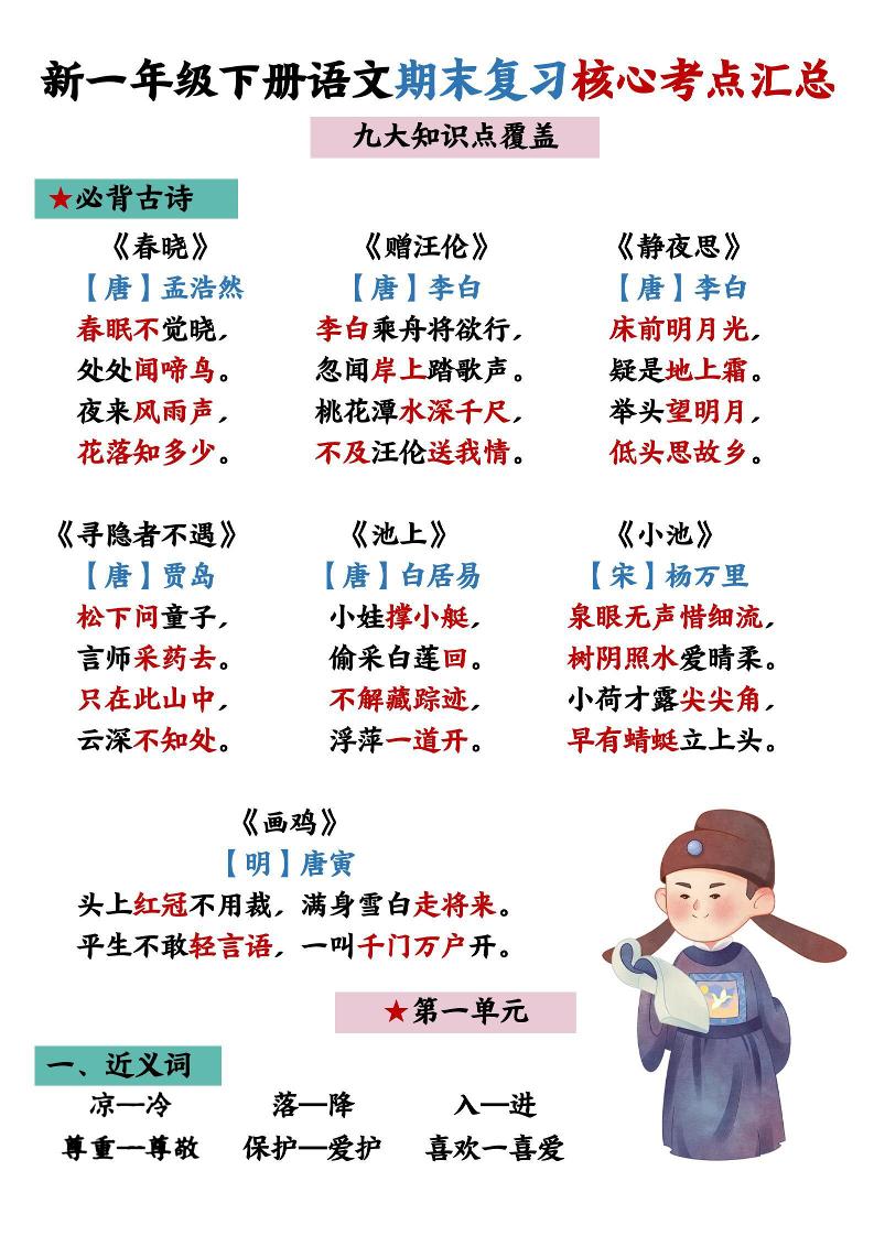 26春一年级下语文期末复习核心考点汇总-学霸数字文库