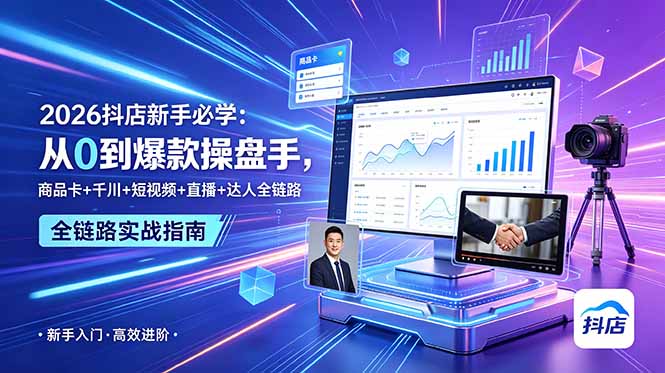 2026抖店新手必学：从0到爆款操盘手，商品卡+千川+短视频+直播+达人全链路-多课资源站