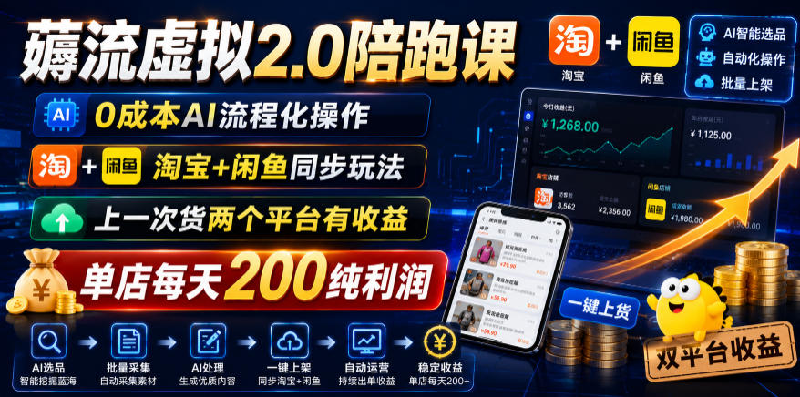 薅流虚拟2.0陪跑课,0成本AI流程化操作,淘宝+闲鱼同步玩法,上一次货两个平台有收益,单店每天200纯利润-小栈博客