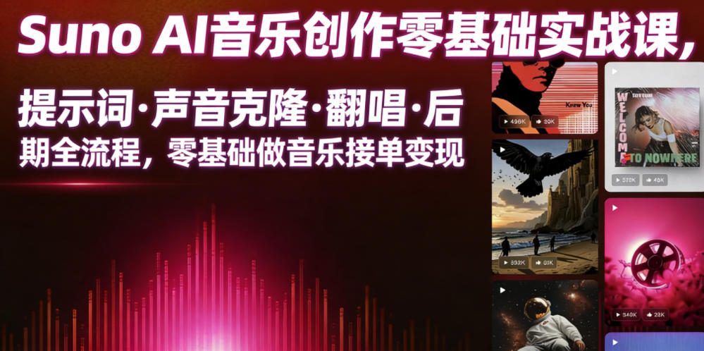 Suno AI音乐创作实战课，提示词・声音克隆・翻唱・后期全流程，零基础做音乐接单变现-多课资源站