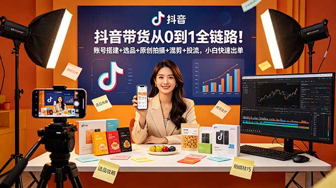 抖音带货从0到1全链路！账号搭建+选品+原创拍摄+混剪+投流，小白快速出单-网创百晓生
