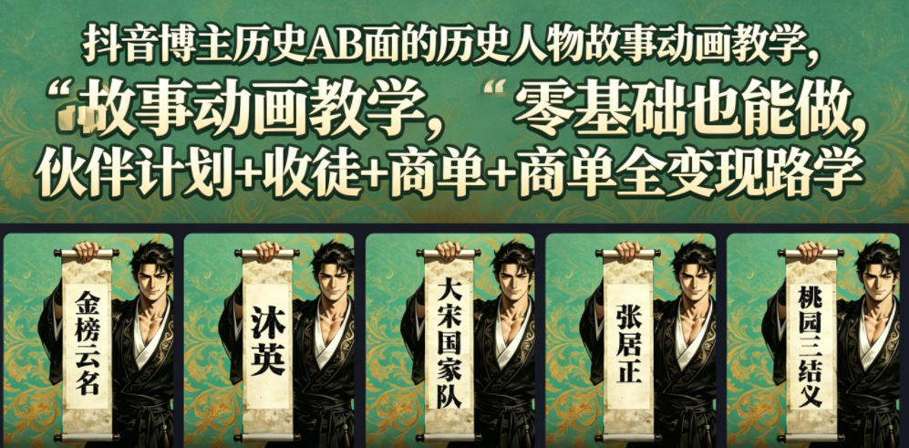 抖音博主历史AB面的历史人物故事动画教学,零基础也能做,伙伴计划+收徒+商单全变现路径教学-90网