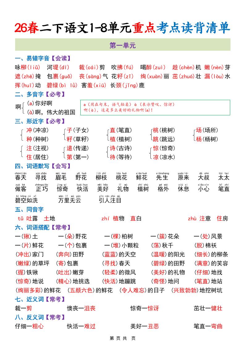 二年级下语文期末复习1-8单元重点考点读背清单-学霸数字文库