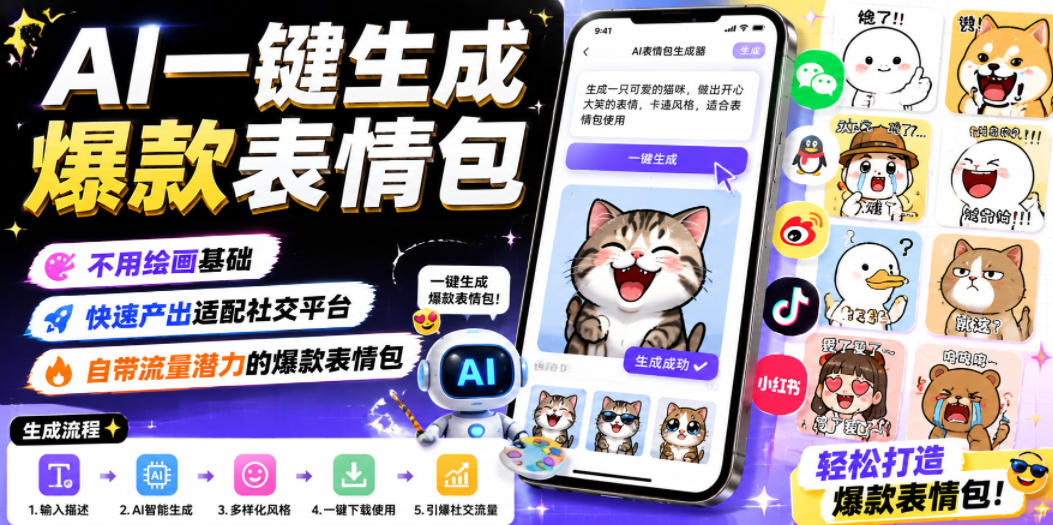 AI一键生成爆款表情包，不用绘画基础，快速产出适配社交平台，自带流量潜力的爆款表情包-邪修侠 - 演示