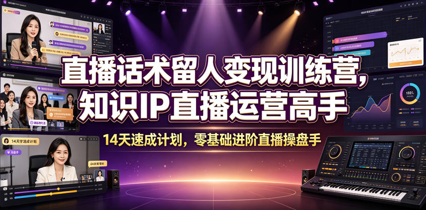 直播话术留人变现训练营，知识IP直播运营高手，14天速成计划，零基础进阶直播操盘手-优优云网创