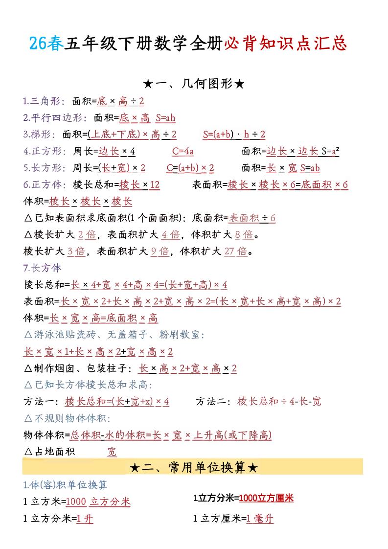 26春五年级下数学期末必背公式汇总-XXXX教辅资料站