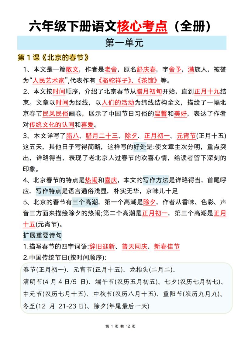六年级下语文期末全册课文核心考点-XXXX教辅资料站