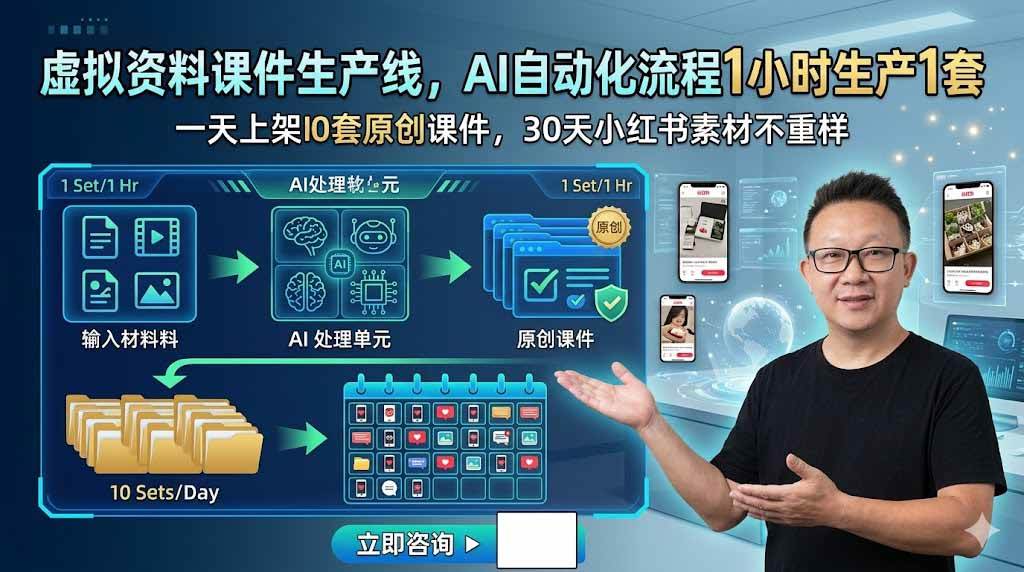 (19091期)虚拟资料课件生产线,AI自动化流程1小时生产1套,一天上架10套原创课件,30天小红书素材不重样 (19091期)虚拟资料课件生产线,AI自动化流程1小时生产1套,一天上架10套原创课件,30天小红书素材不重样