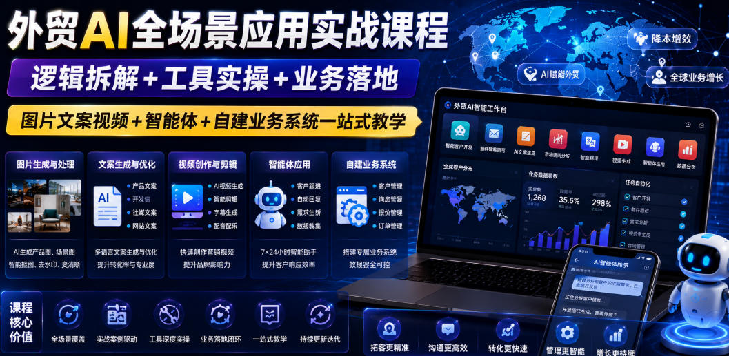 外贸AI全场景应用实战课程｜逻辑拆解+工具实操+业务落地，图片文案视频+智能体+自建业务系统一站式教学-小白项目网