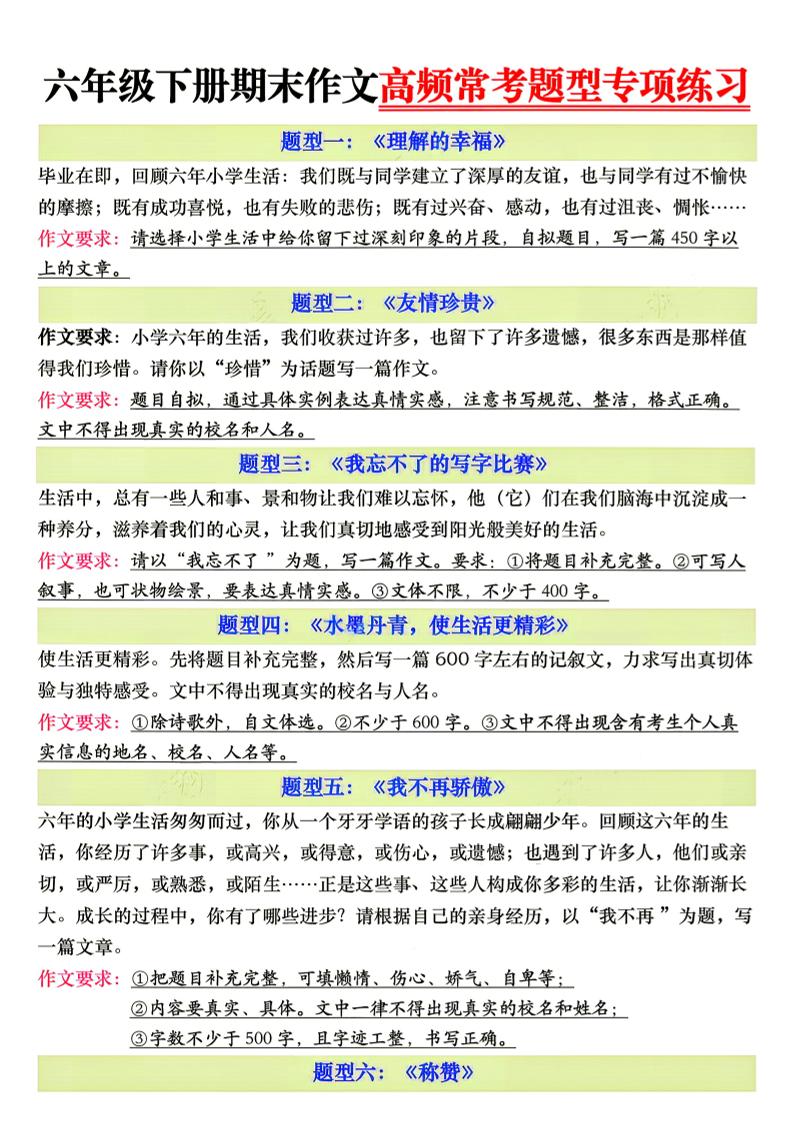 26新六年级下册语文期末作文高频常考题型专项练习-XXXX教辅资料站