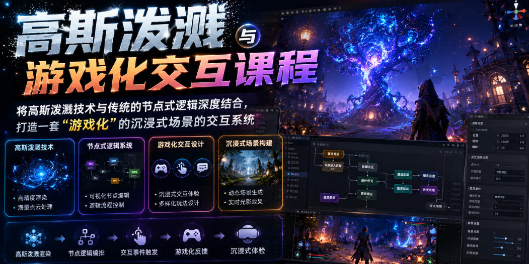 高斯泼溅与游戏化交互课程，将高斯泼溅技术与传统的节点式逻辑深度结合，打造一套“游戏化”的沉浸式场景的交互系统-优优云网创