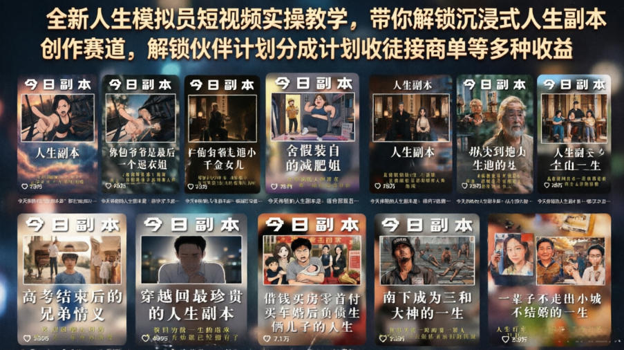 全新人生模拟员短视频实操教学，带你解锁沉浸式人生副本创作赛道，解锁伙伴计划分成计划收徒接商单等多种收益-小栈博客