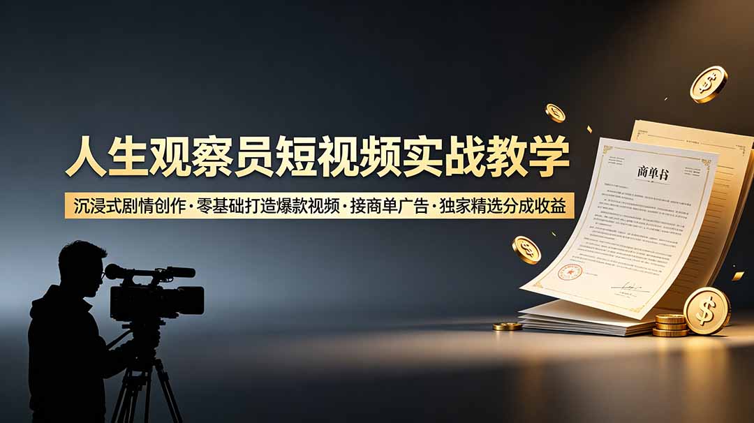 人生观察员短视频实战教学，沉浸式剧情创作，零基础打造爆款视频，接商单广告，独家精选分成收益-怪兽网创俱乐部