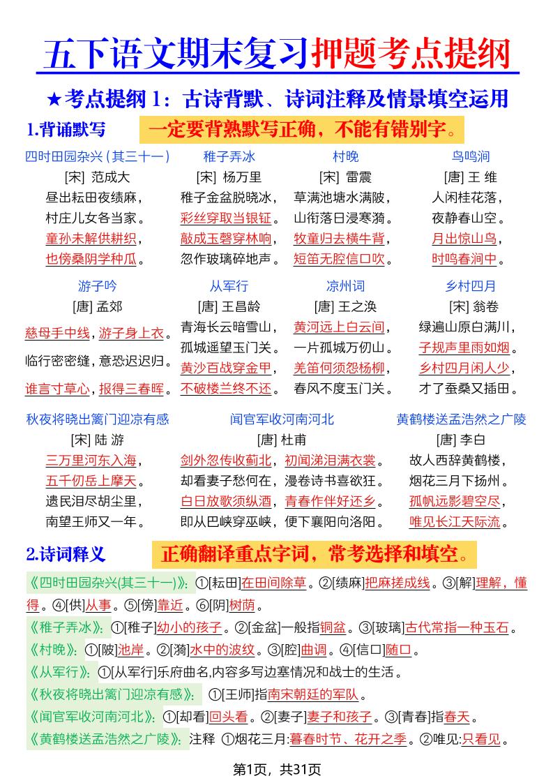 26春五年级下语文期末复习押题考点提纲-XXXX教辅资料站