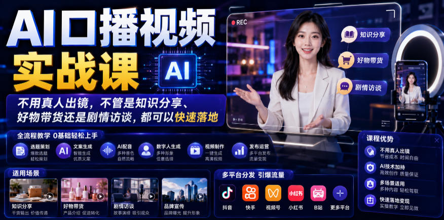 AI口播视频实战课，不用真人出镜，不管是知识分享、好物带货还是剧情访谈，都可以快速落地-怪兽网创俱乐部