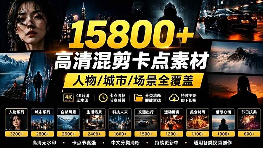 （19120期）【影视剪辑素材合集】15800+高清混剪卡点｜热门影视精彩片段｜人物/城市/场景全覆盖，中文分类清晰-小栈博客测试网