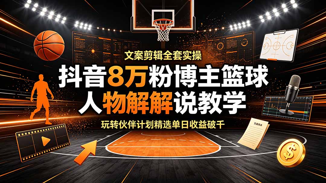 抖音8万粉博主篮球人物解说教学，文案剪辑全套实操，玩转伙伴计划精选单日收益破千-怪兽网创俱乐部
