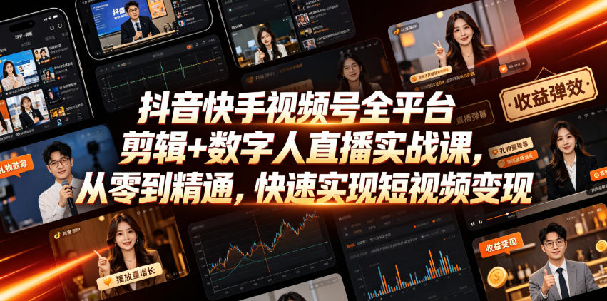 抖音快手视频号全平台剪辑+数字人直播实战课,从零到精通,快速实现短视频变现(更新2026年6月)-小栈博客