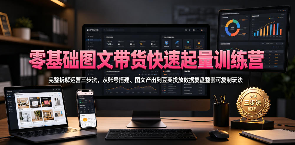 零基础图文带货快速起量训练营，完整拆解运营三步法，从账号搭建、图文产出到豆荚投放数据复盘整套可复制玩法-怪兽网创俱乐部