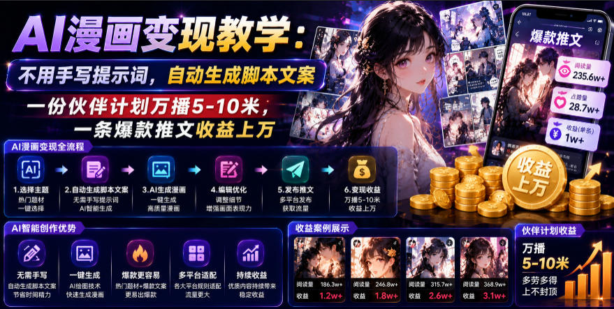 AI漫画变现教学：不用手写提示词，自动生成脚本文案，一份伙伴计划万播5-10米，一条爆款推文收益上W-怪兽网创俱乐部
