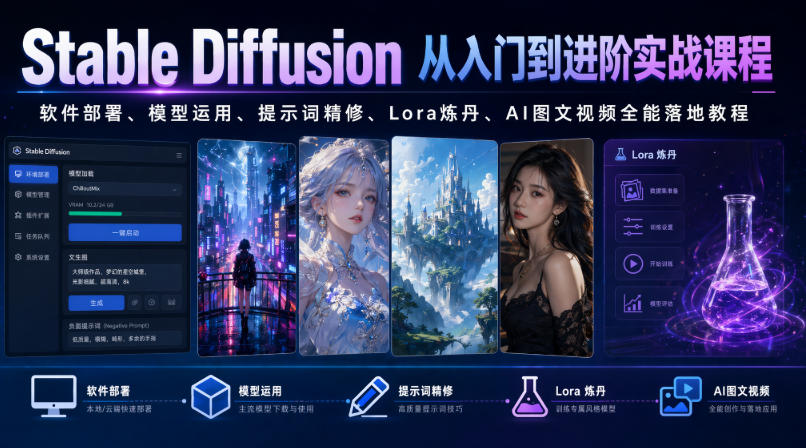 Stable Diffusion从入门到进阶实战课程｜软件部署、模型运用、提示词精修、Lora炼丹、AI图文视频全能落地教程-情久项目网